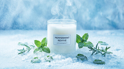 An image of a peppermint-scented aromatherapy candle placed in a modern glass container