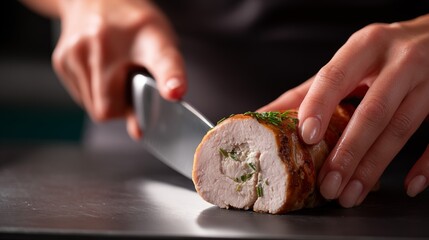 Hands slicing stuffed chicken roulade with herbs on cutting board for keto low carb dinner and homemade protein meal concept