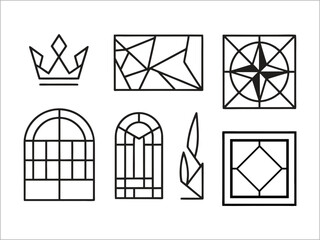 Elegant vector line art collection showcasing diverse decorative stained glass window designs, intricate geometric patterns, and architectural elements for artistic projects