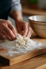 Hands mixing flour and butter on a wooden cutting board for baking homemade dough