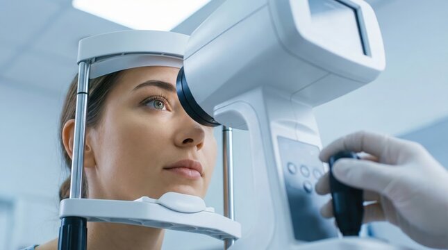 Young female patient undergoing a professional eye examination with a modern digital refractometer in an ophthalmology clinic, optometrist testing vision for eyeglasses.
