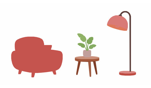 Soft 3D cartoon home decor set with red armchair side table plant and floor lamp