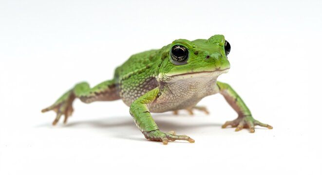 澄んだ白い背景に浮かび上がる鮮やかな緑色のアマガエルが好奇心旺盛な目でこちらを見つめその小さな体は生き生きと輝く. AI Generated