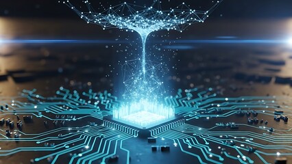 Glowing blue digital network emanating from a central processor technology data circuit