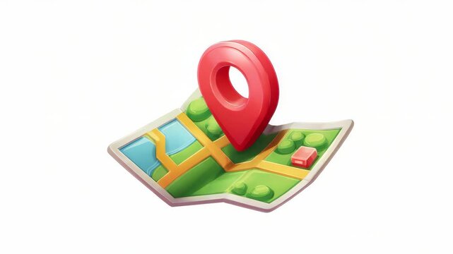 Folded map with streets, trees, and a red location pin icon in cartoon style on white background, concept of GPS navigation or location tracking