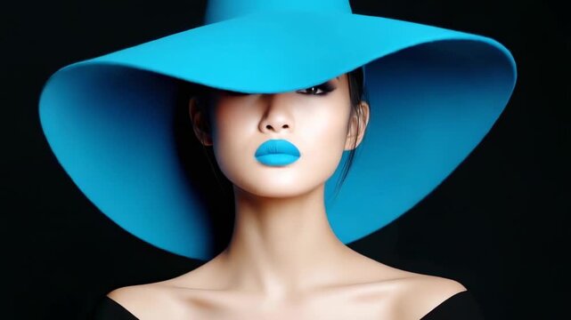 A young Asian woman in a blue hat, blue lipstick, slowly lifts her head, showing off beautiful makeup. 