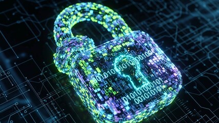 Digital padlock with binary code on a circuit board background