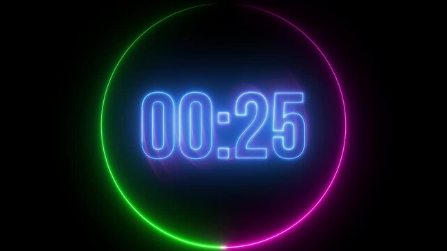 30 second countdown timer animation with neon number text glowing from 30 to 0 with interesting circle animation. Circle countdown timer 30 sec animation.