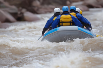 Obraz premium Group of rafters navigating turbulent whitewater rapids in a raft
