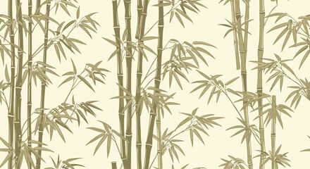 Fototapeta premium Elegant seamless pattern depicting a dense bamboo forest with stalks and leaves in a calm beige and olive green color scheme.