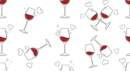 Obraz premium Romantic seamless pattern with red wine glasses and small floating hearts in a clean line art style with red accents.