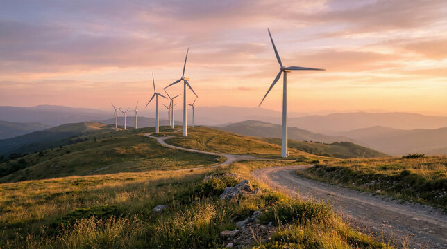 Wind Turbines on Hill: A panoramic vista unveils a row of majestic wind turbines standing tall on a grassy hill, silhouetted against a radiant sky. - Powered by Adobe