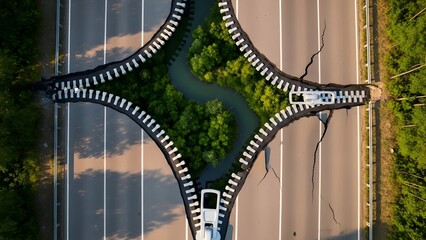 Asphalt road being unzipped by a giant zipper revealing nature underneath.