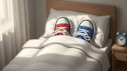 Surreal digital art showcasing red and blue sneakers tucked into white bed sheets on comfortable pillow representing rest and dreaming concept within cozy bedroom interior with morning light effects