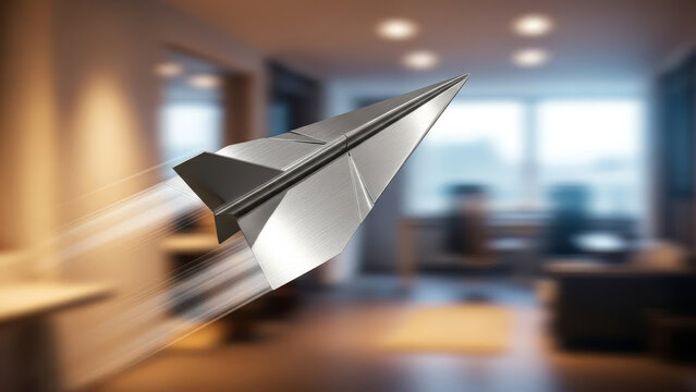 Metallic paper airplane soaring through blurred office interior, concept of speed, innovation, and business ideas, fast movement, light trails, sharp focus on airplane
