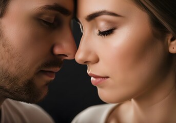 Fototapeta premium Couple Forehead Touch Intimate Close-up, Romantic Affection, Soft Light Portrait