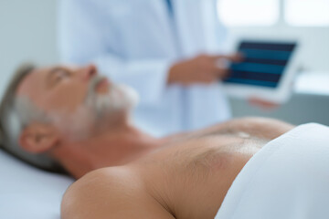 Doctor showing medical results on tablet to patient lying on examination table