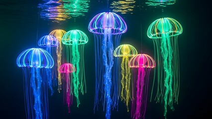 Illuminated fiber optic jellyfish floating in deep ocean.