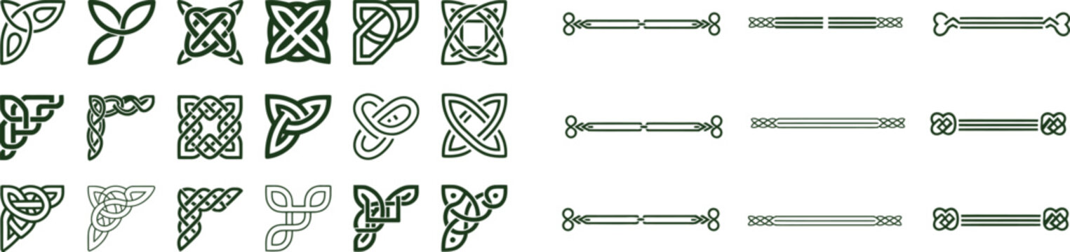 Collection of intricate celtic knot patterns and designs arranged in rows showcasing detailed artwork on transparent background high-quality professional modern elegant stylish clean crisp vibrant