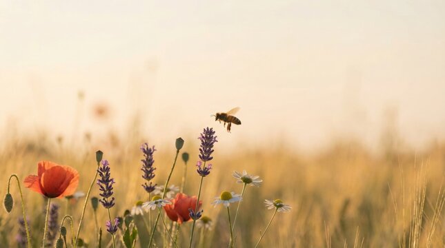 Honey bee flying to a lavender flower, collecting nectar for honey in a vibrant summer field filled with poppies and daisies, illustrating pollination and the ecosystem - Powered by Adobe