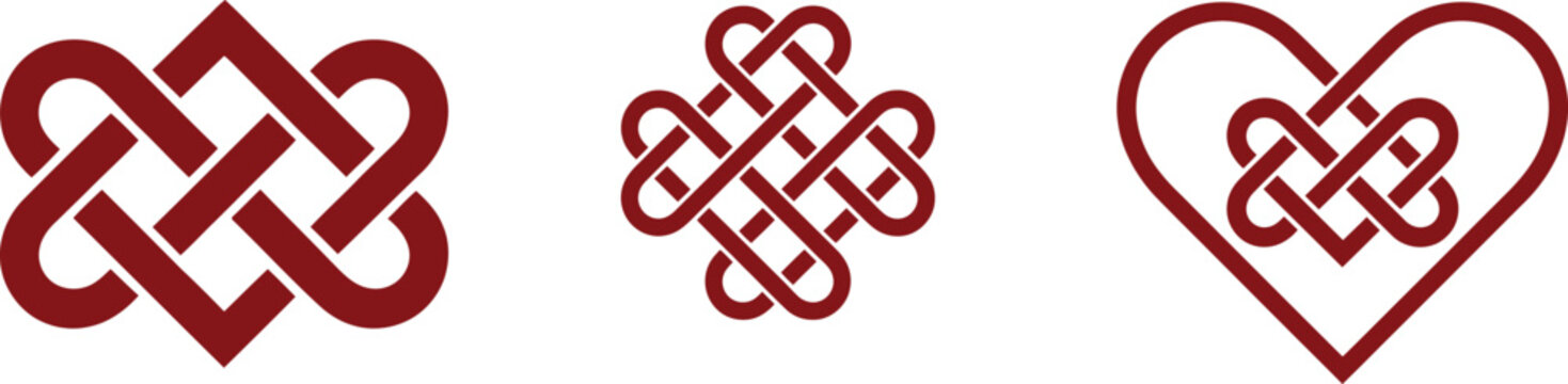 Three intricate red celtic knot designs featuring interwoven patterns and a heart shape perfect for design elements on transparent background high-quality professional detailed modern elegant