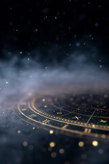 Fototapeta premium Mystical astrological clock face with glowing particles and ethereal smoke in the darkness