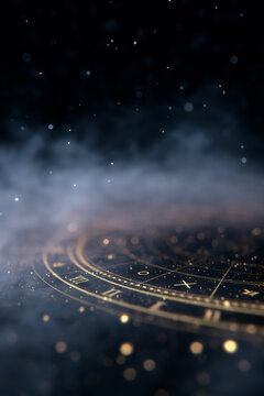Mystical astrological clock face with glowing particles and ethereal smoke in the darkness