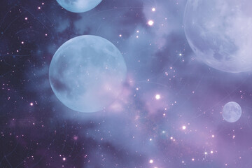 Dreamy celestial landscape with multiple moons and glowing stars in a purple nebula