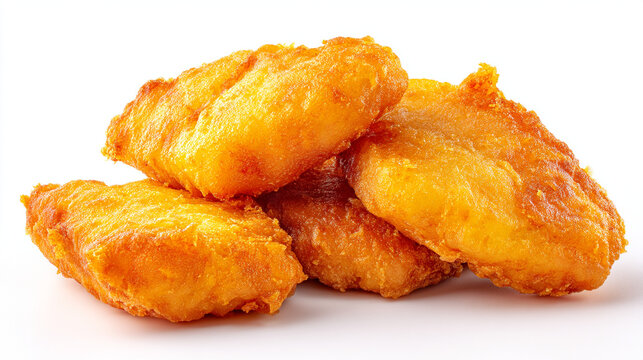 Crispy golden fried fish nuggets or chicken goujons isolated on a white background