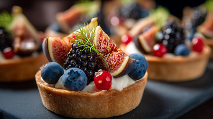 Gourmet mini fruit tartlets with fresh figs, blackberries, and blueberries on a creamy custard base
