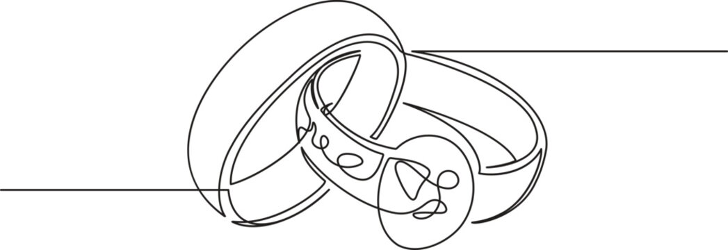 Wedding ring continuous one line drawing minimalist outline illustration featuring two interlocking bands with an elegant circular gemstone detail for marriage celebrations