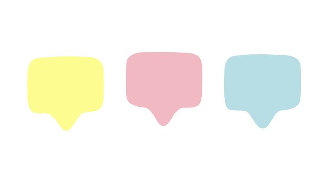 Animated three pastel speech bubbles in soft yellow pink and blue with rounded shapes creating minimal friendly communication background atmosphere