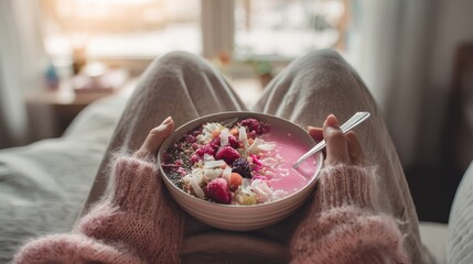Smoothie bowl pink base, berries, coconut flakes, chia seeds, cozy knitwear lap, hands holding spoon, soft morning light, plant-based breakfast, casual UGC snack, commercial use.