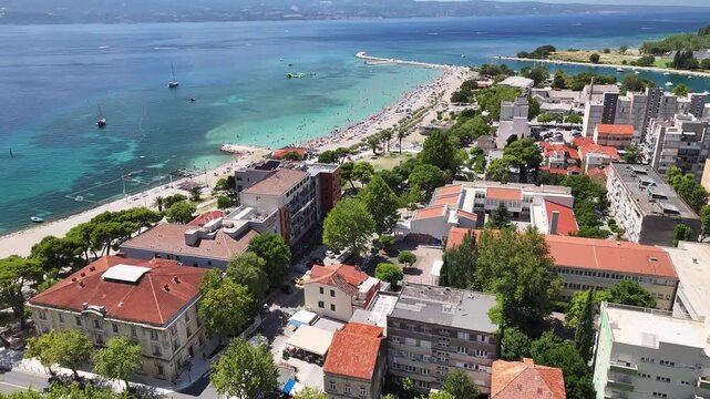 Velika Plaza Omis sandy beach drone view
