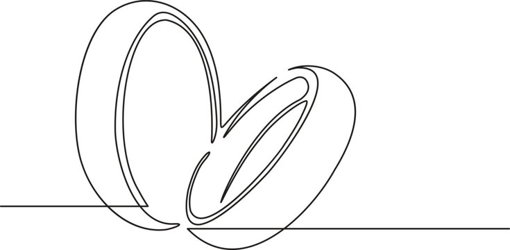 Minimalist wedding ring one line outline illustration on white where two rings lean together to form a subtle heart silhouette of romantic union