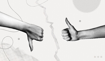Trendy Halftone Collage Two Woman Hands with like and dislike gestures. Arm showing thumb up. Discussion in conversation, work and social media. Feedback banner. Contemporary vector illustration art © accogliente