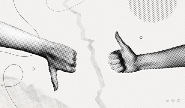Trendy Halftone Collage Two Woman Hands with like and dislike gestures. Arm showing thumb up. Discussion in conversation, work and social media. Feedback banner. Contemporary vector illustration art