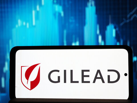 In this photo illustration, Gilead Sciences, Inc. logo seen displayed on a smartphone.