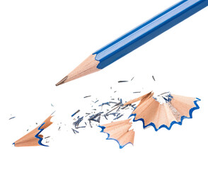 A blue pencil with sharp edges and shavings on a transparent background