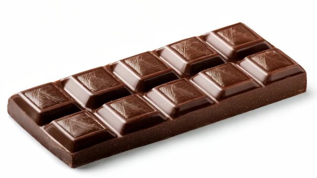 Smooth milk chocolate bar with textured square pieces, realistic photo style, isolated on a white background, concept of sweet dessert