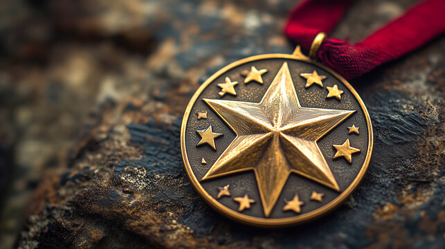Close-Up of Bronze Star Medal with Red Ribbon on Rock Background