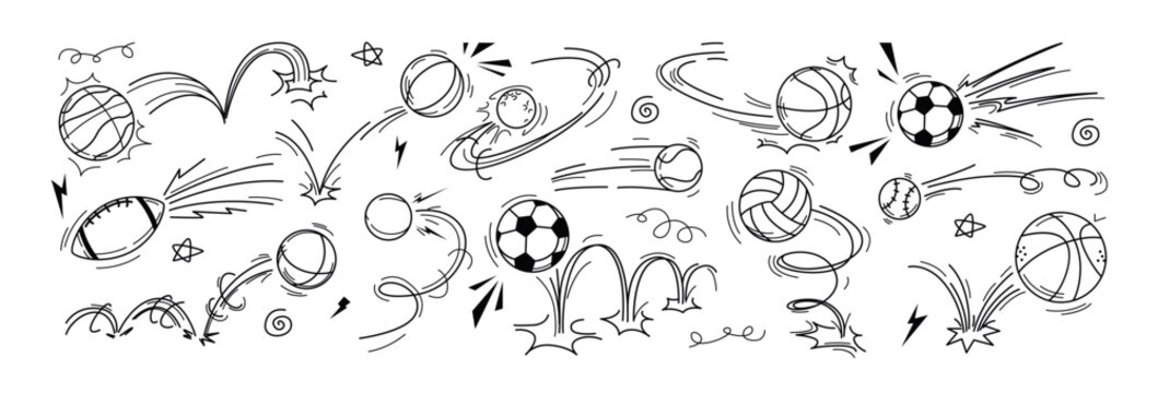 Vector sport ball doodle illustration with motion and bounce line effects. Hand drawn soccer, football, basketball, rugby, volleyball and baseball icons with flying movement and jump trajectory