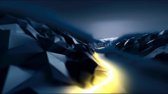 The camera moves smoothly along a glowing yellow path that winds among dark low-poly mountains and disappears into a thick blue haze on the horizon