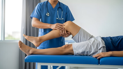 Physical therapist assisting patient with leg exercise on treatment table