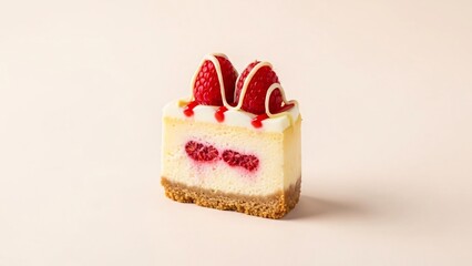 Delicious cheesecake slice with fresh strawberries and raspberry swirl, a sweet dessert treat.