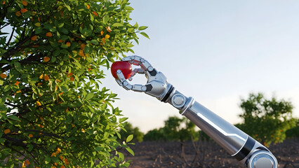 Robotic arm pruning a hedge with a red and silver cutting tool