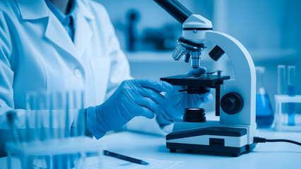 Scientist in a laboratory setting examining a sample through a microscope