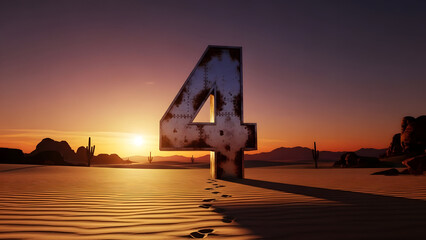 A large number 4 stands on a sandy beach at sunset with a vibrant orange sky