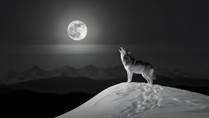 A lone llama stands on a snowy hill gazing at a bright full moon in the night sky with mountains in the background