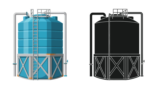 Industrial water tank illustration with color and monochrome versions displayed side by side